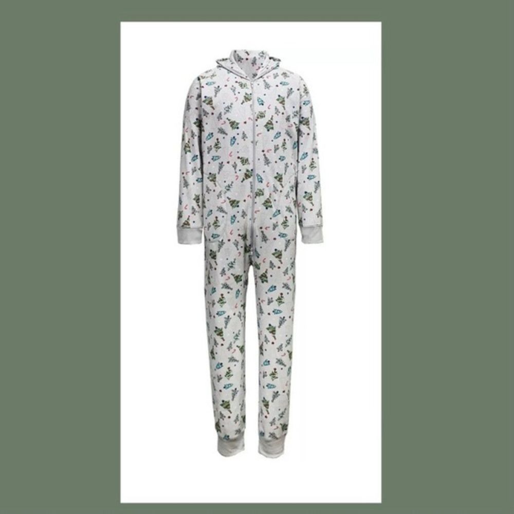 Men’s Festive Trees Hooded One-piece Onesie Fleece Pajamas pjs EUC Medium Med